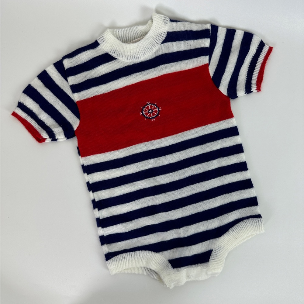VTG Nordstrom Baby Nautical Knit Onsie Outfit Red White‎ Blue Striped